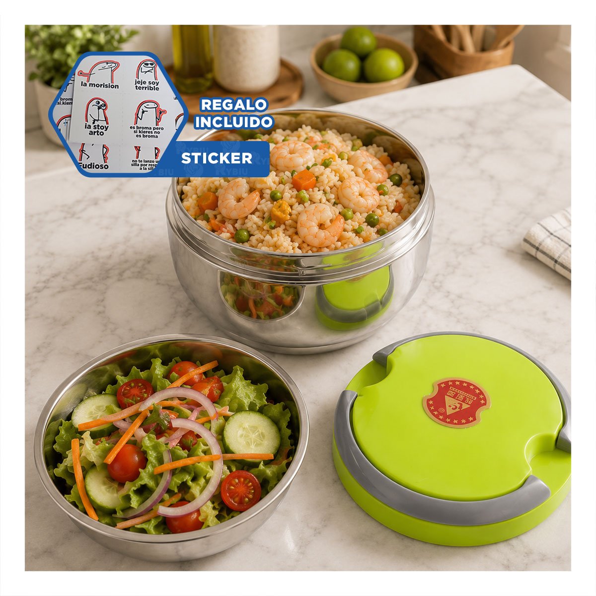 ENVASE PARA TRANSPORTE DE ALMUERZOS 1200ML CON ACABADO COLOR VERDE YREGALO STICKER - 1