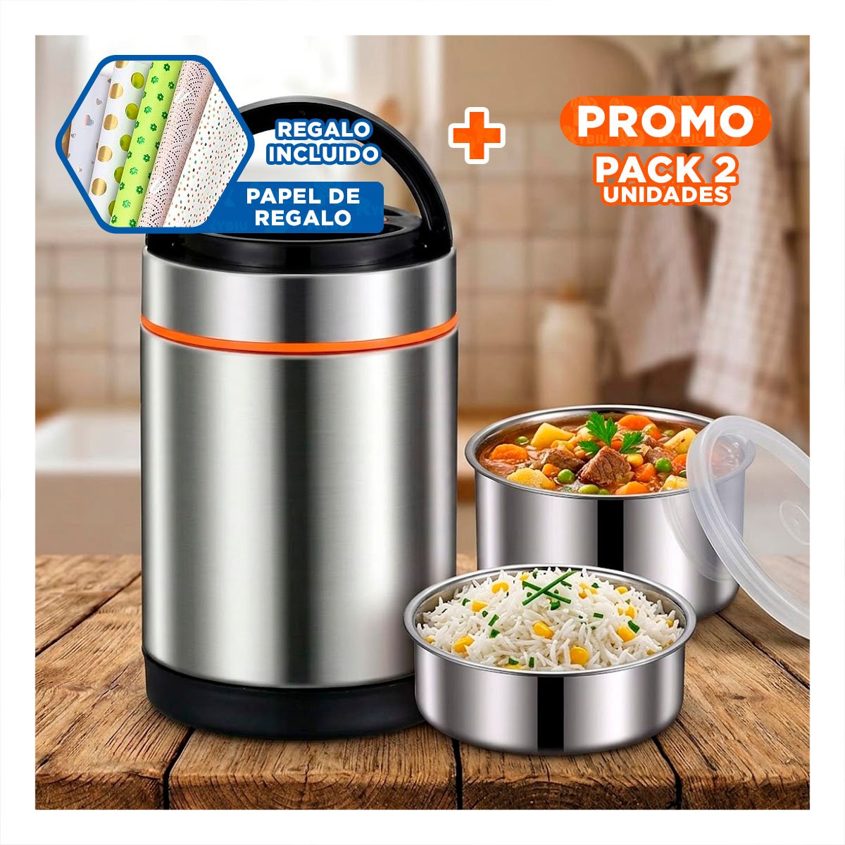 PACK2 PORTACOMIDAS PORTATIL 1400ML NARANJA Y PLATEADO PARA LLEVAR COMIDAS YPAPEL REGALO - 1