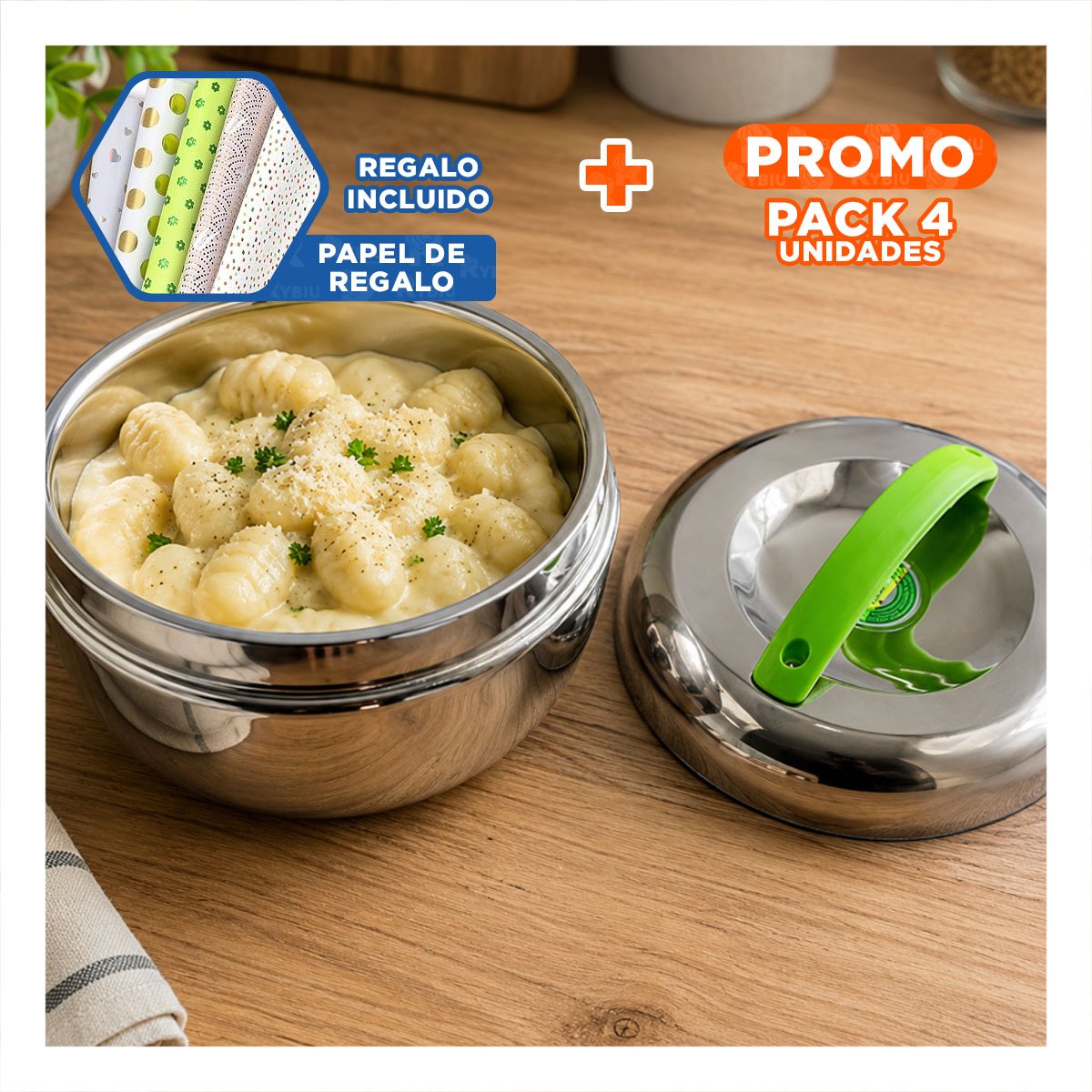 PACK4 ENVASE PARA ALMUERZO 1300 ML TERMO CIRCULAR ACERO VERDE YPAPEL REGALO - 1