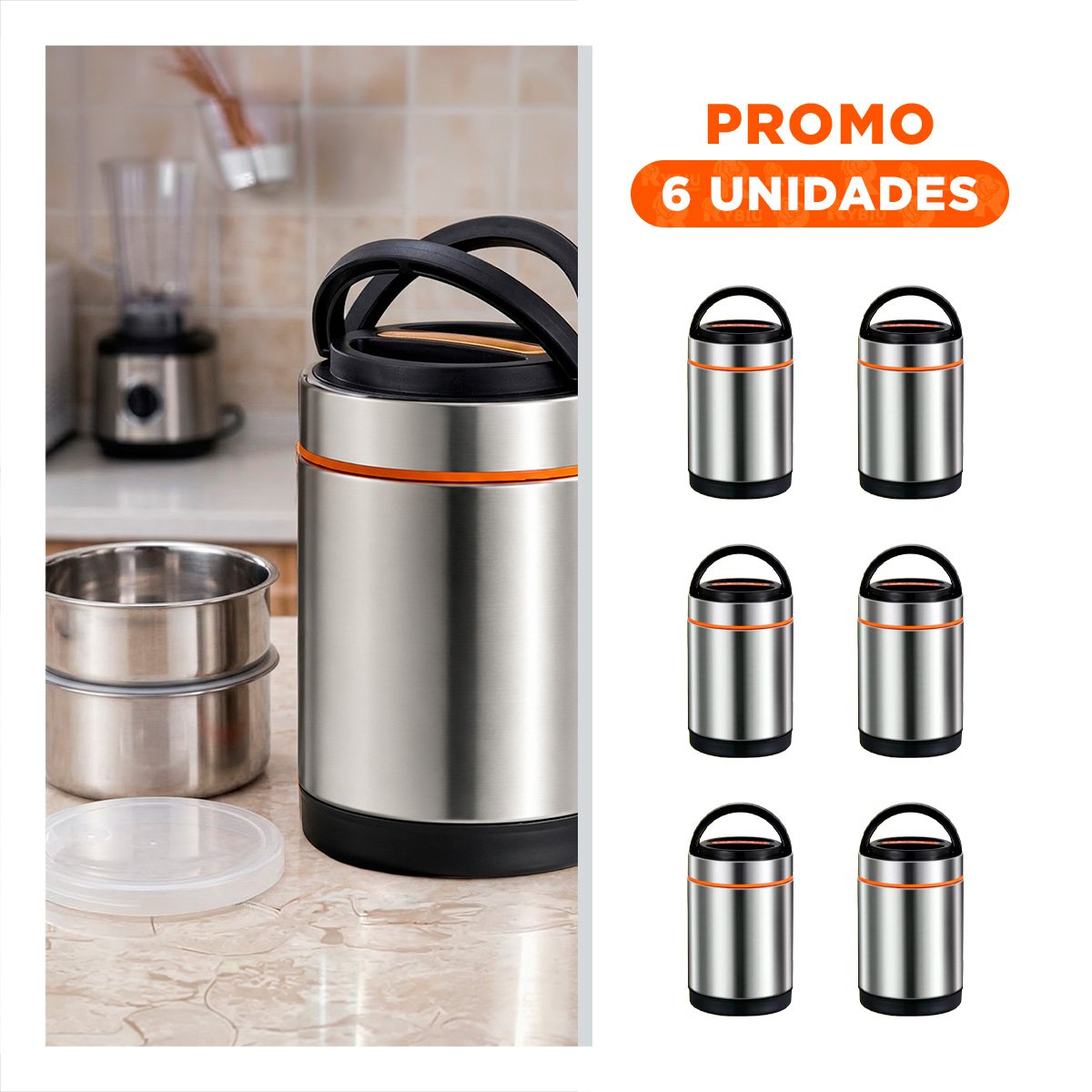 PACK6 CONTENEDOR PARA COMIDAS PREPARADAS 1400ML NARANJA Y PLATEADO - 1