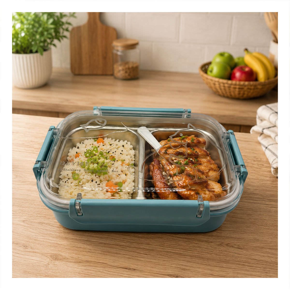 RECIPIENTE PARA COMIDAS RECTANGULAR PEZ CAT CELESTE CON CUBIERTO 2 NIVELES Y PAPEL REGALO - 5
