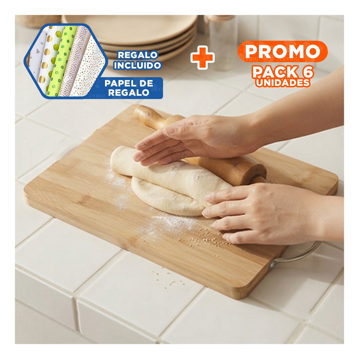 PACK6 BASE MOSTAZA BAMBU PARA PREPARAR ALIMENTOS EN COCINA 34X24X1,8CM YPAPEL REGALO - 1