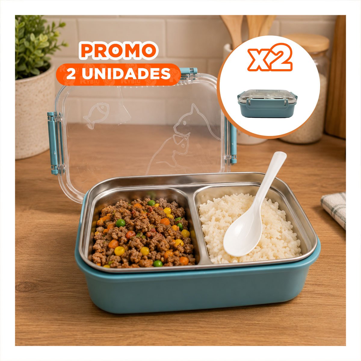 PACK2 LONCHERA RECTANGULAR PEZ CAT CELESTE CON CUBIERTO PARA COMIDAS 2 NIVELES YREGALO STICKER - 1