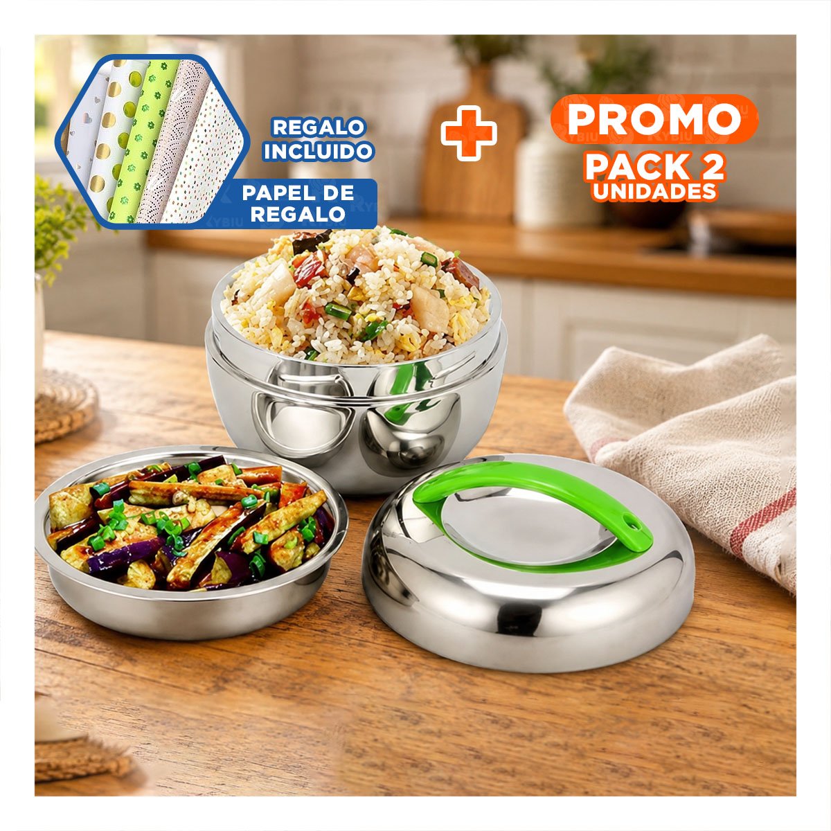 PACK2 ENVASE PARA COCINA 1300 ML TERMO CIRCULAR ACERO CON TAPA YPAPEL REGALO - 1