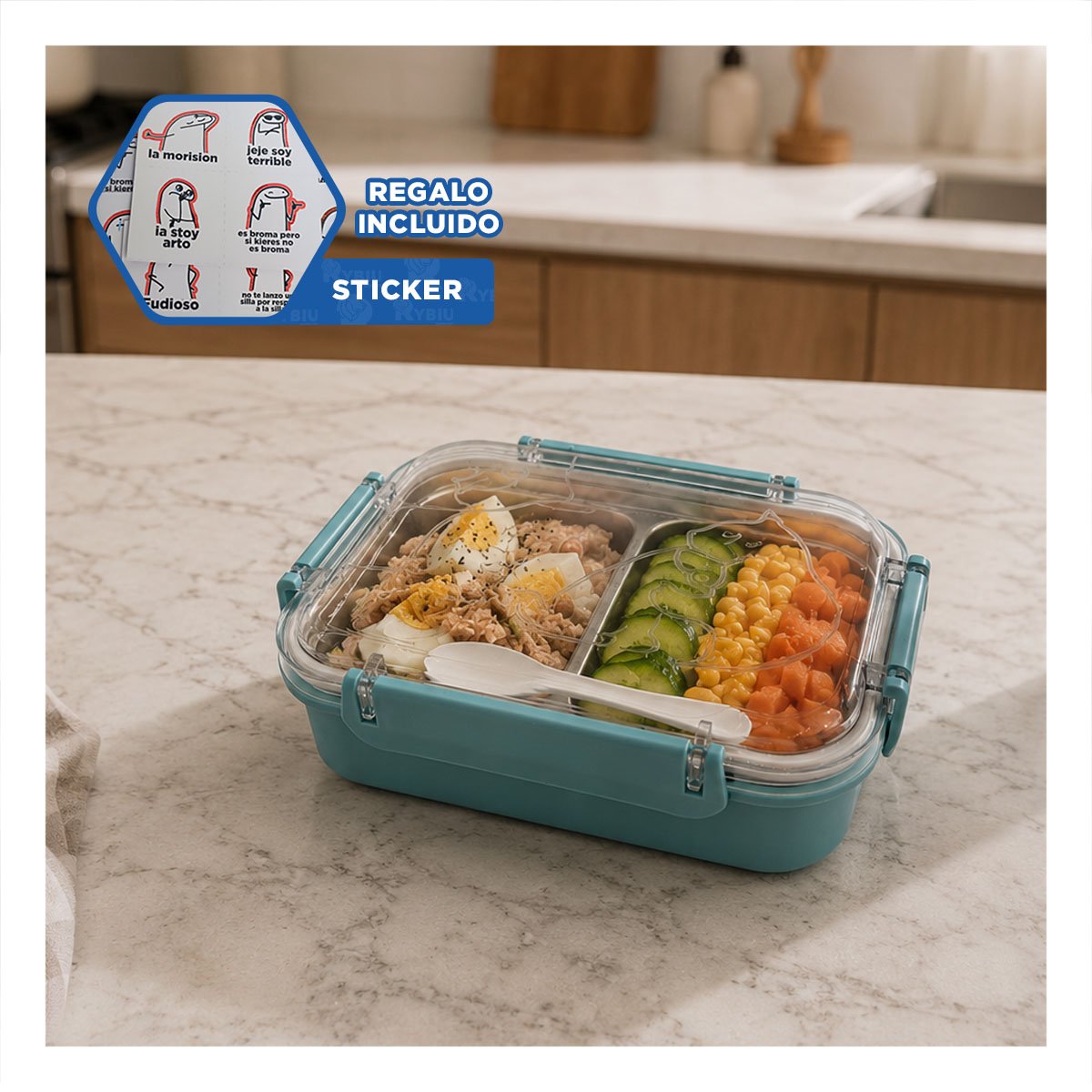 ENVASE CON 2 NIVELES Y CUBIERTO RECTANGULAR PEZ CAT CELESTE PARA ALMUERZO Y REGALO STICKER - 1