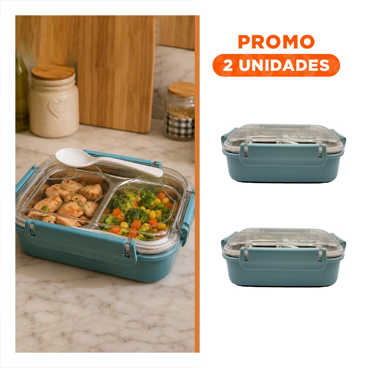 PACK2 RECIPIENTE RECTANGULAR CON 2 NIVELES PARA ALMUERZO PEZ CAT CELESTE CUBIERTO - 1