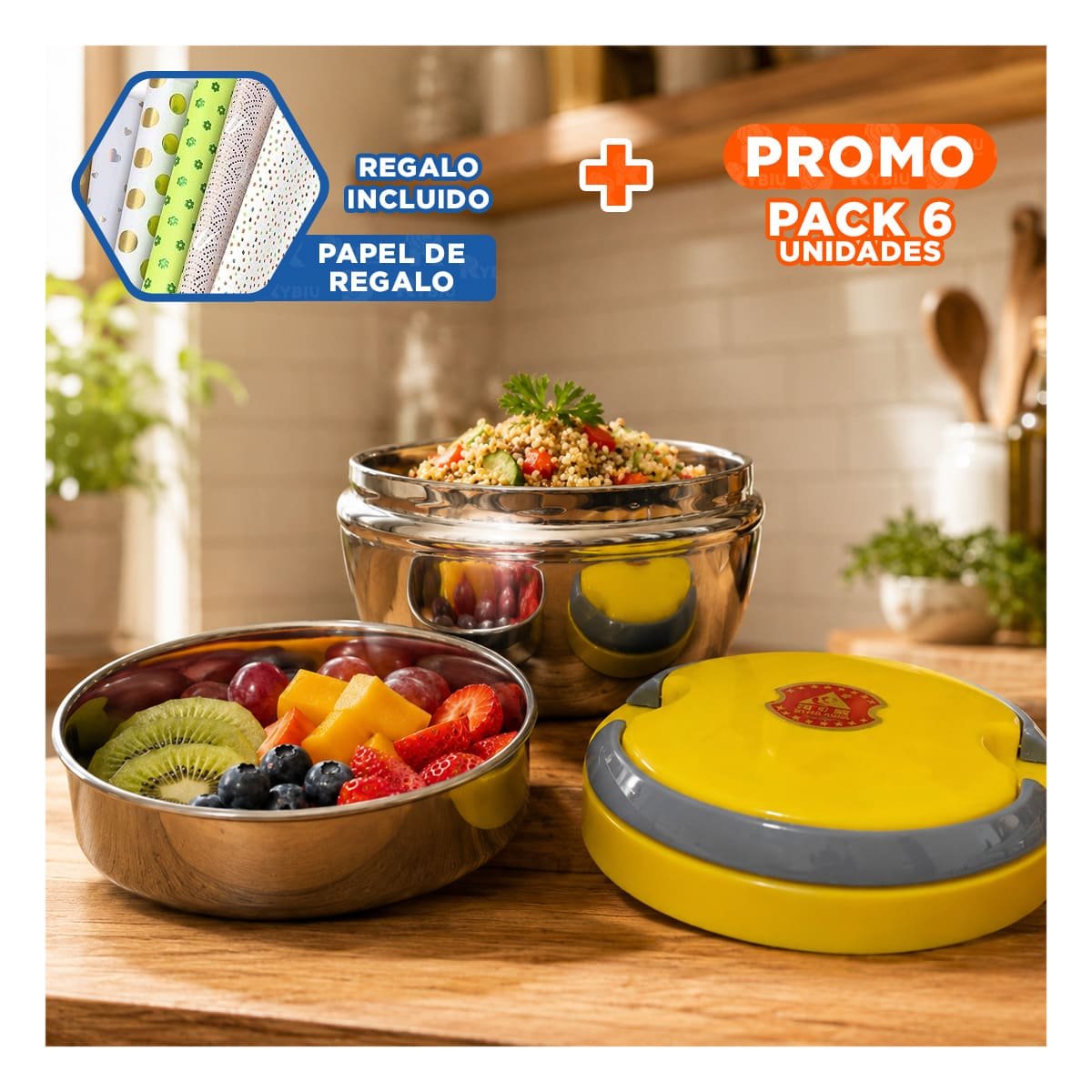 PACK6 TAPER PARA COMIDAS Y BEBIDAS 1200ML CON DISENO CIRCULAR COLOR AMARILLO YPAPEL REGALO - 1
