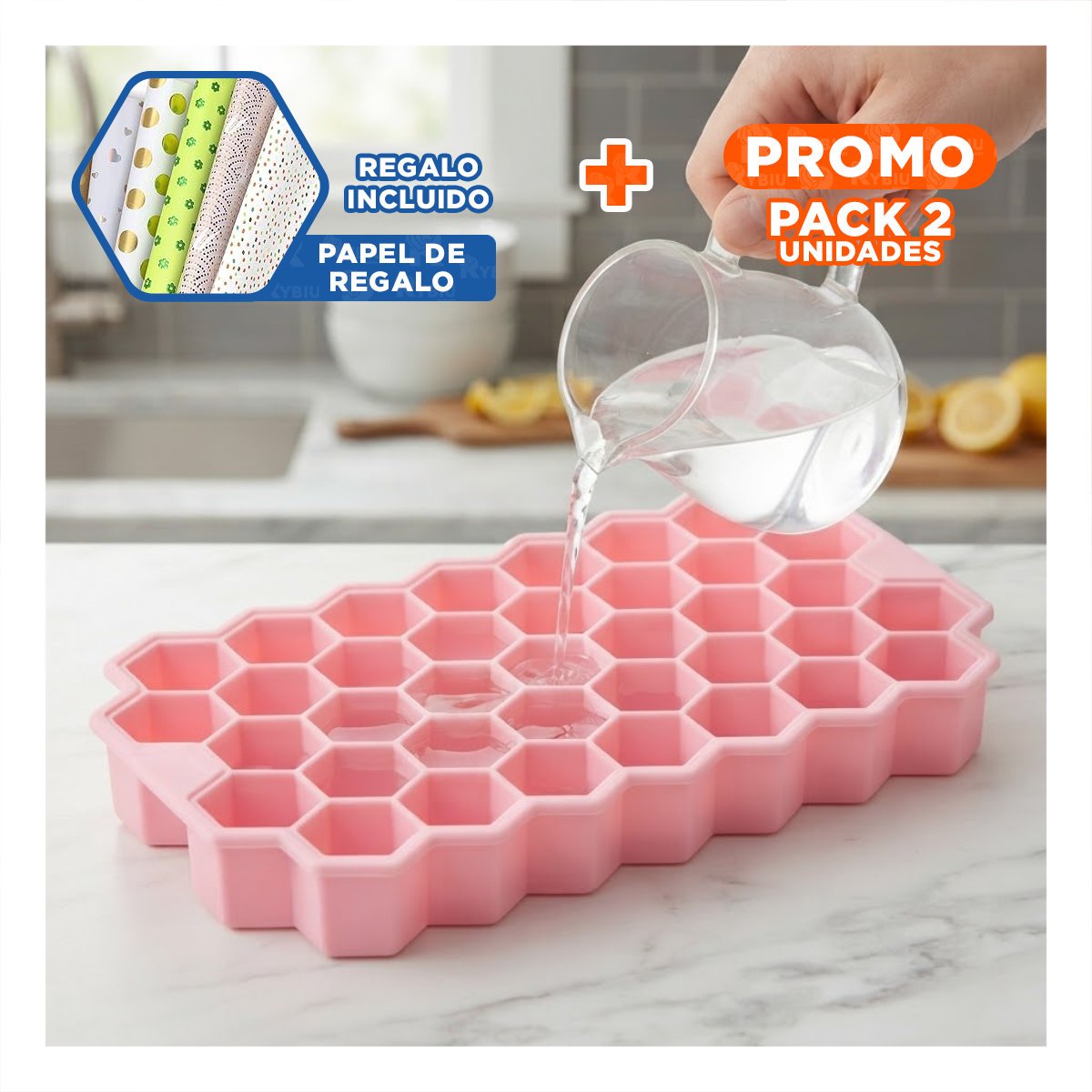 PACK2 RECIPIENTE PARA CUBOS DE HIELO 20.5X12 CM CON DISENO ROSADO Y TAPA YPAPEL REGALO - 1