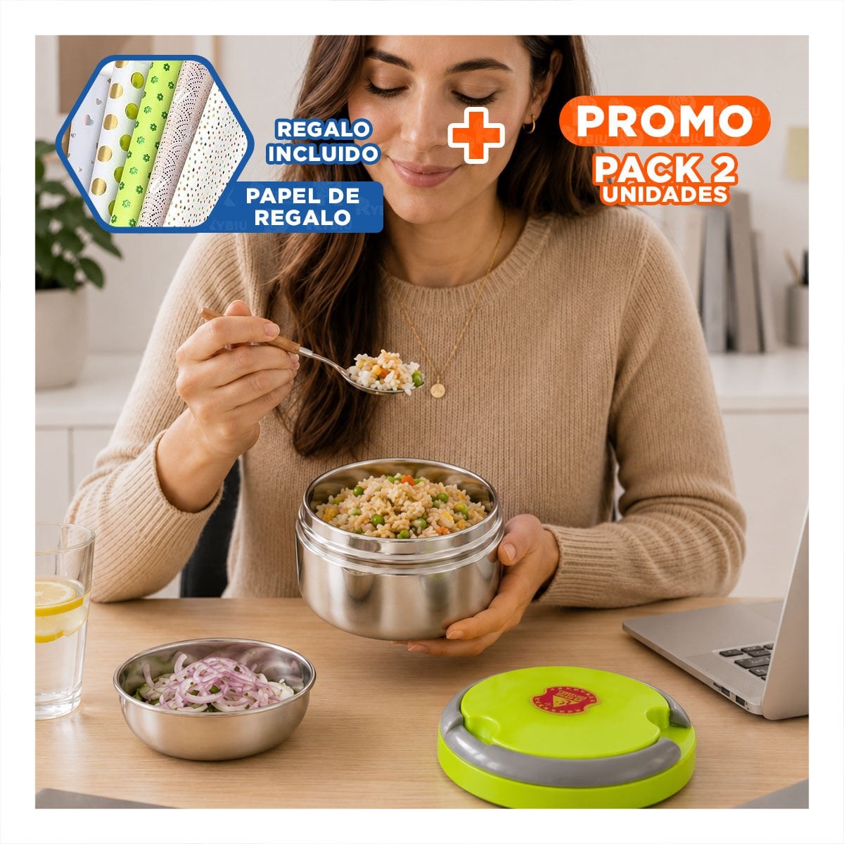 PACK2 ENVASE TERMICO PARA COMIDAS PREPARADAS COLOR VERDE DE 1200ML YPAPEL REGALO - 1