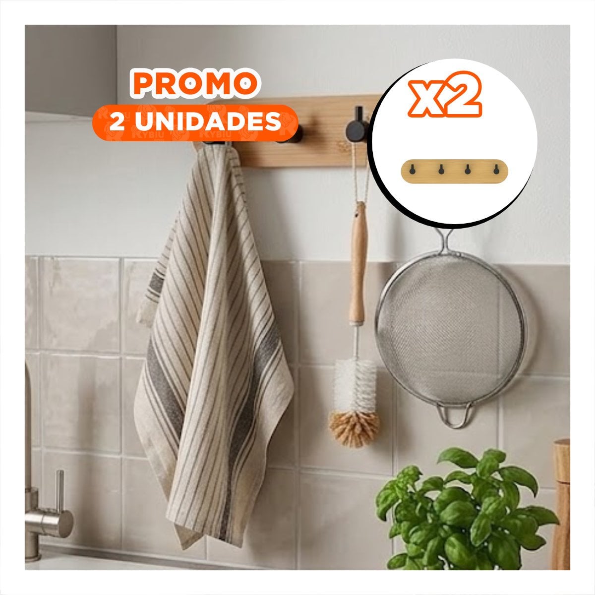PACK2 PERCHERO DE PARED MULTIUSO CON 4 GANCHOS ADHESIVO BAMBU NEGRO 19X5CM YREGALO STICKER - 1