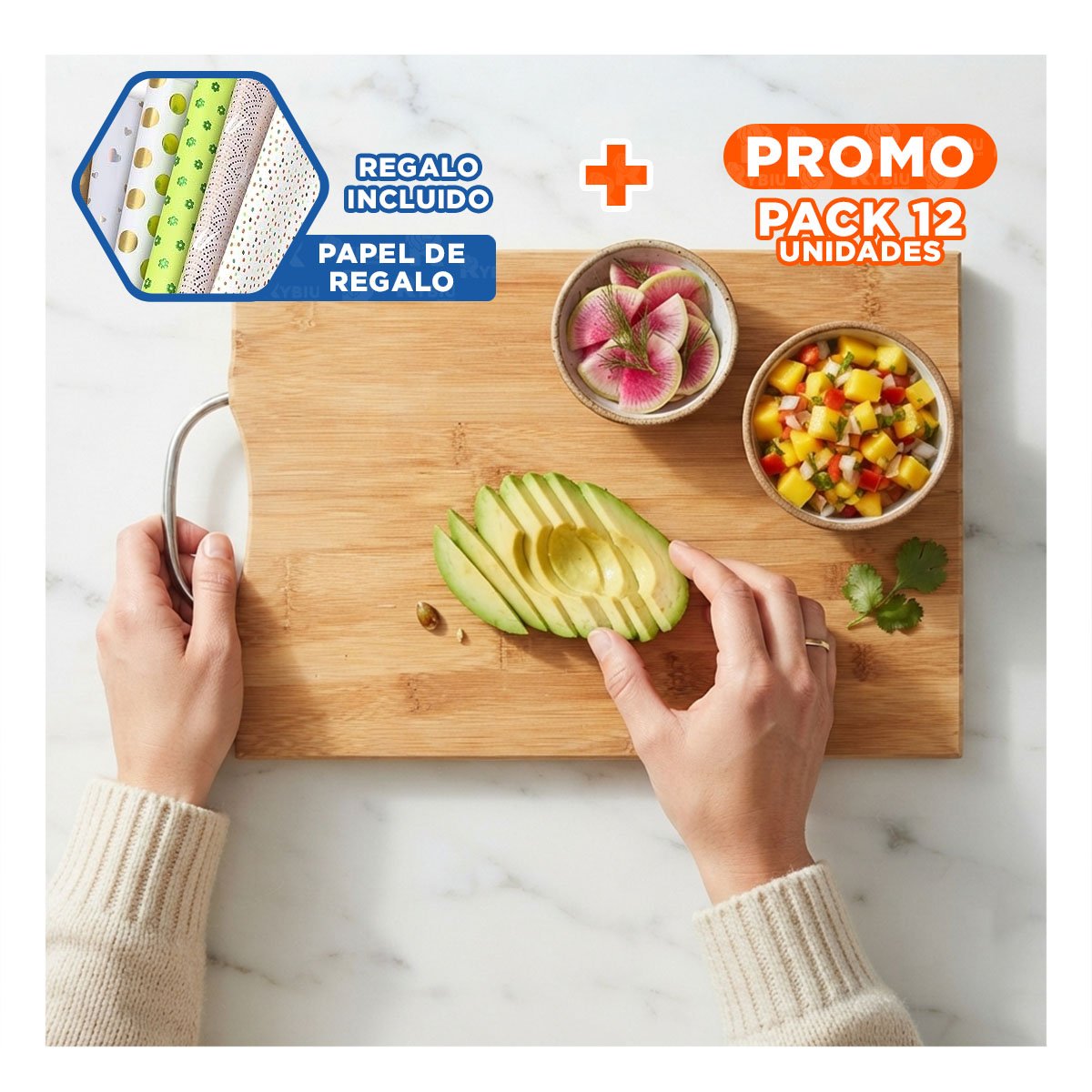 PACK12 BASE DE COCINA CON MANGO MOSTAZA BAMBU 34X24X1,8CM REUTILIZABLE YPAPEL REGALO - 1