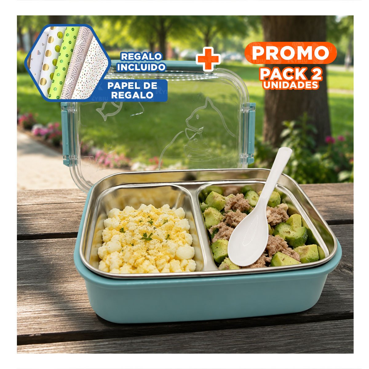 PACK2 ENVASE RECTANGULAR CON CUBIERTO PARA LLEVAR ALIMENTOS PEZ CAT CELESTE YPAPEL REGALO - 1
