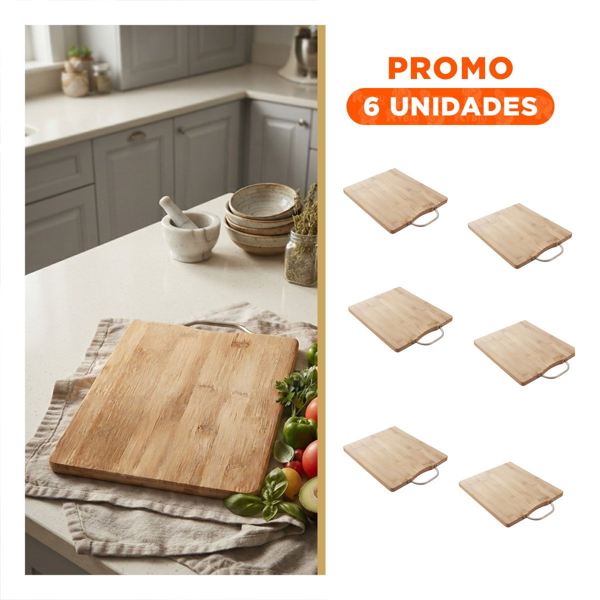 PACK6 TABLON DE COCINA BAMBU MOSTAZA CON MANGO PARA PREPARACIONES 34X24X1,8CM - 1