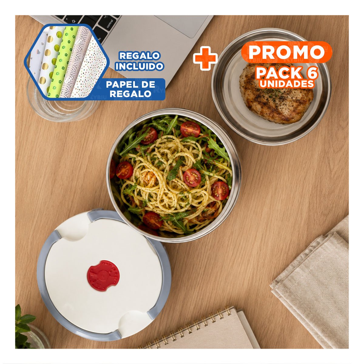 PACK6 TAPER PARA COMIDAS Y BEBIDAS 1200ML CON DISENO CIRCULAR COLOR BLANCO YPAPEL REGALO - 1