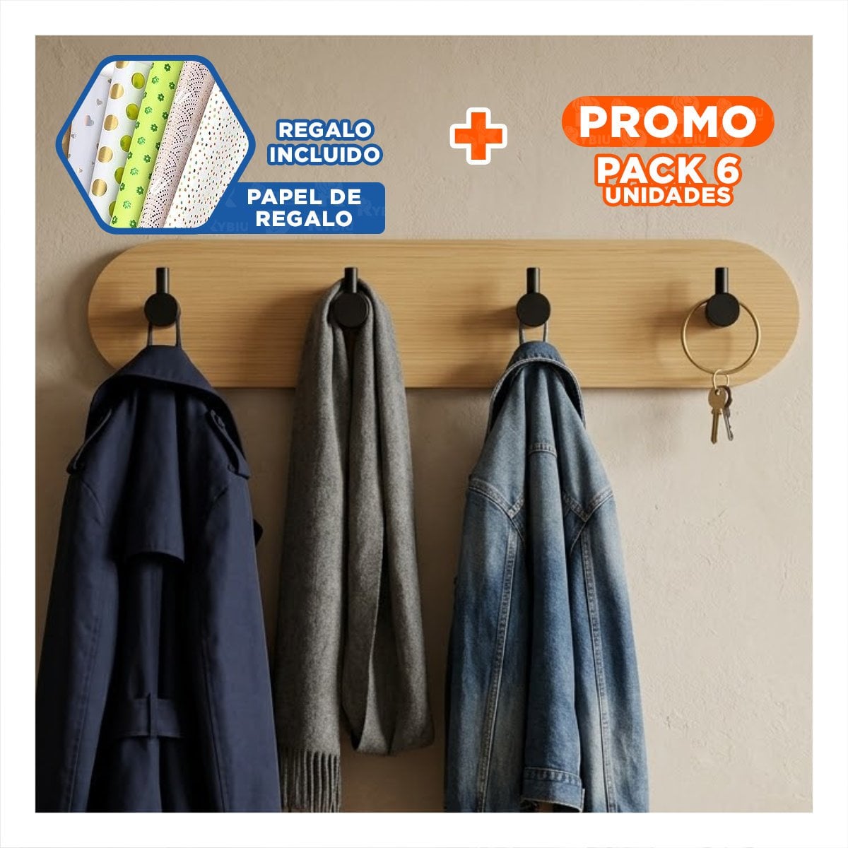PACK6 GANCHO PARA LLAVES DE PARED BAMBU NEGRO ADHESIVO CON 4 GANCHOS 19X5CM YPAPEL REGALO - 1