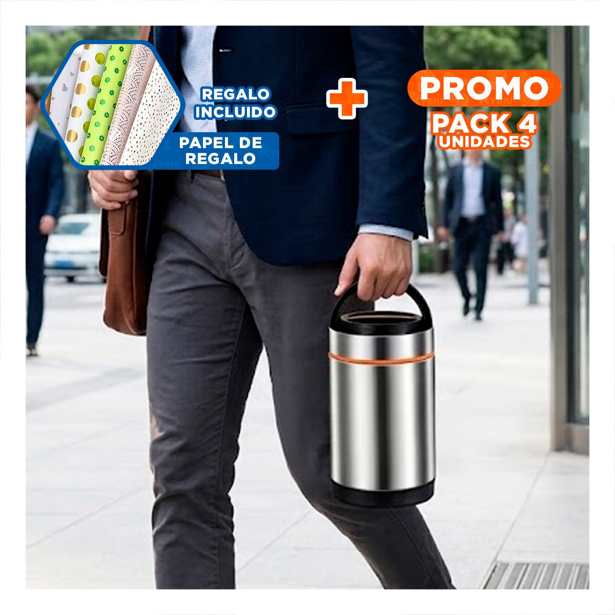PACK4 ENVASE PARA ALMUERZO DIARIO 1400ML COLOR NARANJA Y PLATEADO PRACTICO YPAPEL REGALO - 1