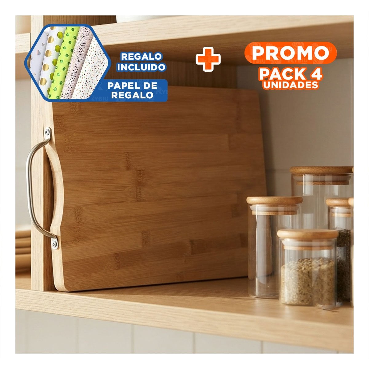 PACK4 BASE PARA CORTAR INGREDIENTES BAMBU MOSTAZA CON MANGO 34X24X1,8CM YPAPEL REGALO - 1