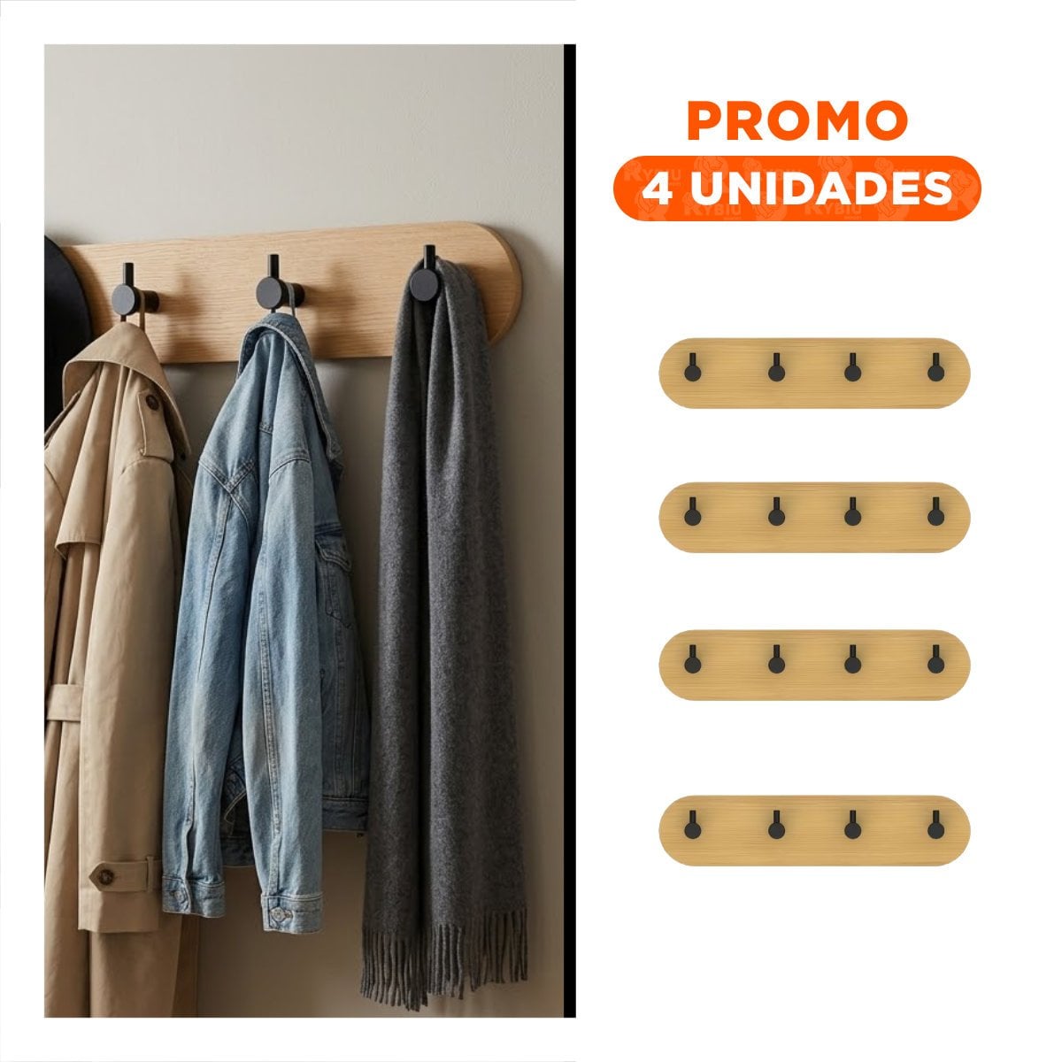 PACK4 PERCHERO ADHESIVO PARA ORGANIZAR BAMBU NEGRO DE PARED CON 4 GANCHOS YREGALO STICKER - 1