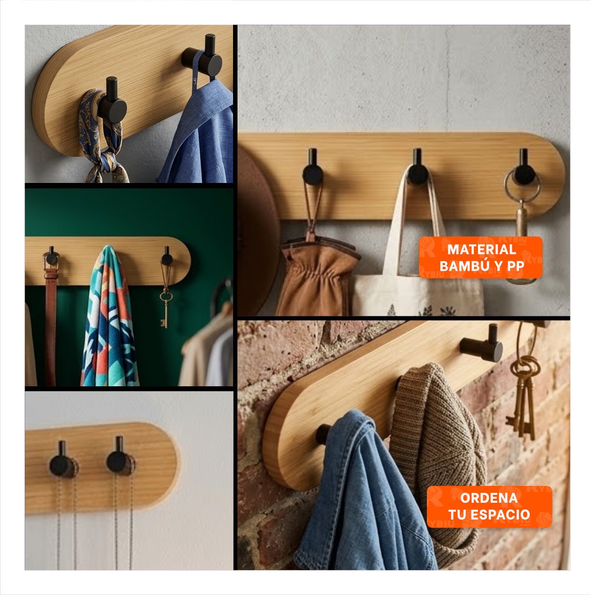 PACK4 PERCHERO ADHESIVO PARA ORGANIZAR BAMBU NEGRO DE PARED CON 4 GANCHOS YREGALO STICKER - 2