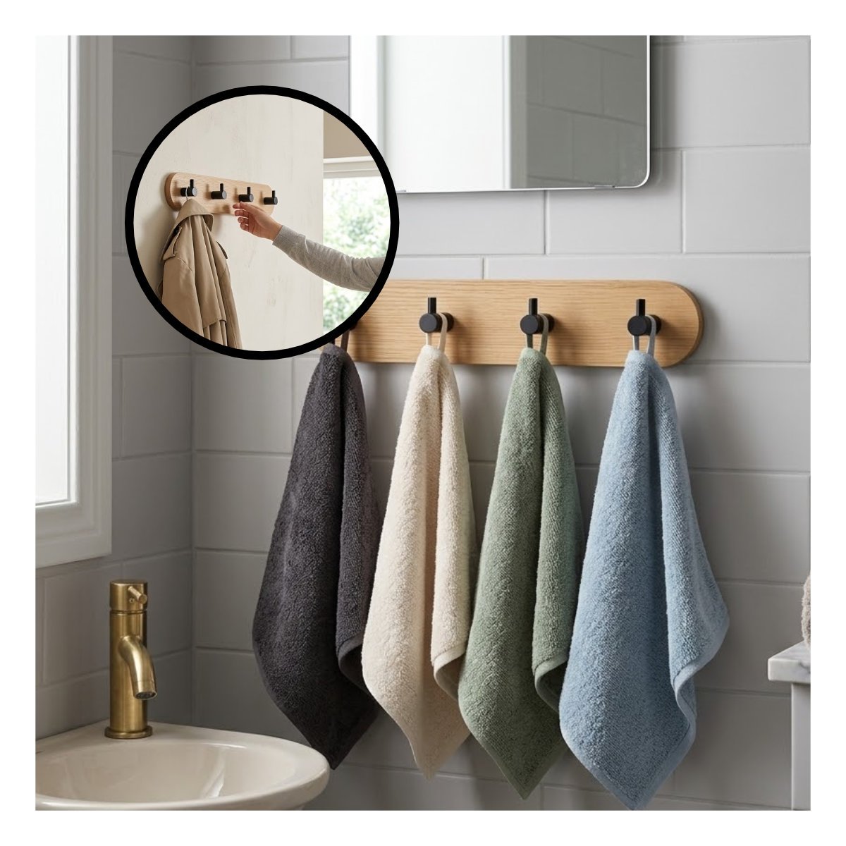 SUJETADOR PARA DORMITORIO BAMBU NEGRO DE PARED ADHESIVO CON 4 GANCHOS 19X5CM Y LIGAS REGALO - 2