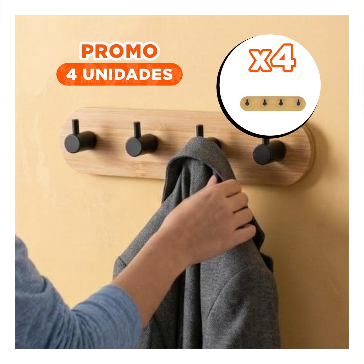 PACK4 COLGADOR PARA ACCESORIOS DE PARED BAMBU NEGRO ADHESIVO 4 GANCHOS 19X5CM - 1