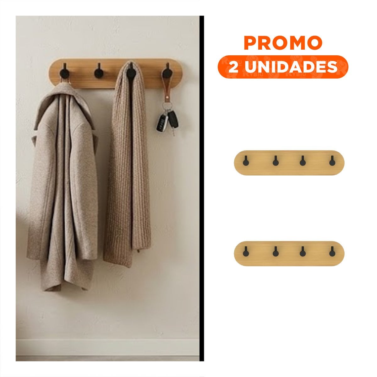 PACK2 COLGADOR CON ADHESIVO PARA PARED BAMBU NEGRO 19X5CM Y 4 GANCHOS FUNCIONALES - 1
