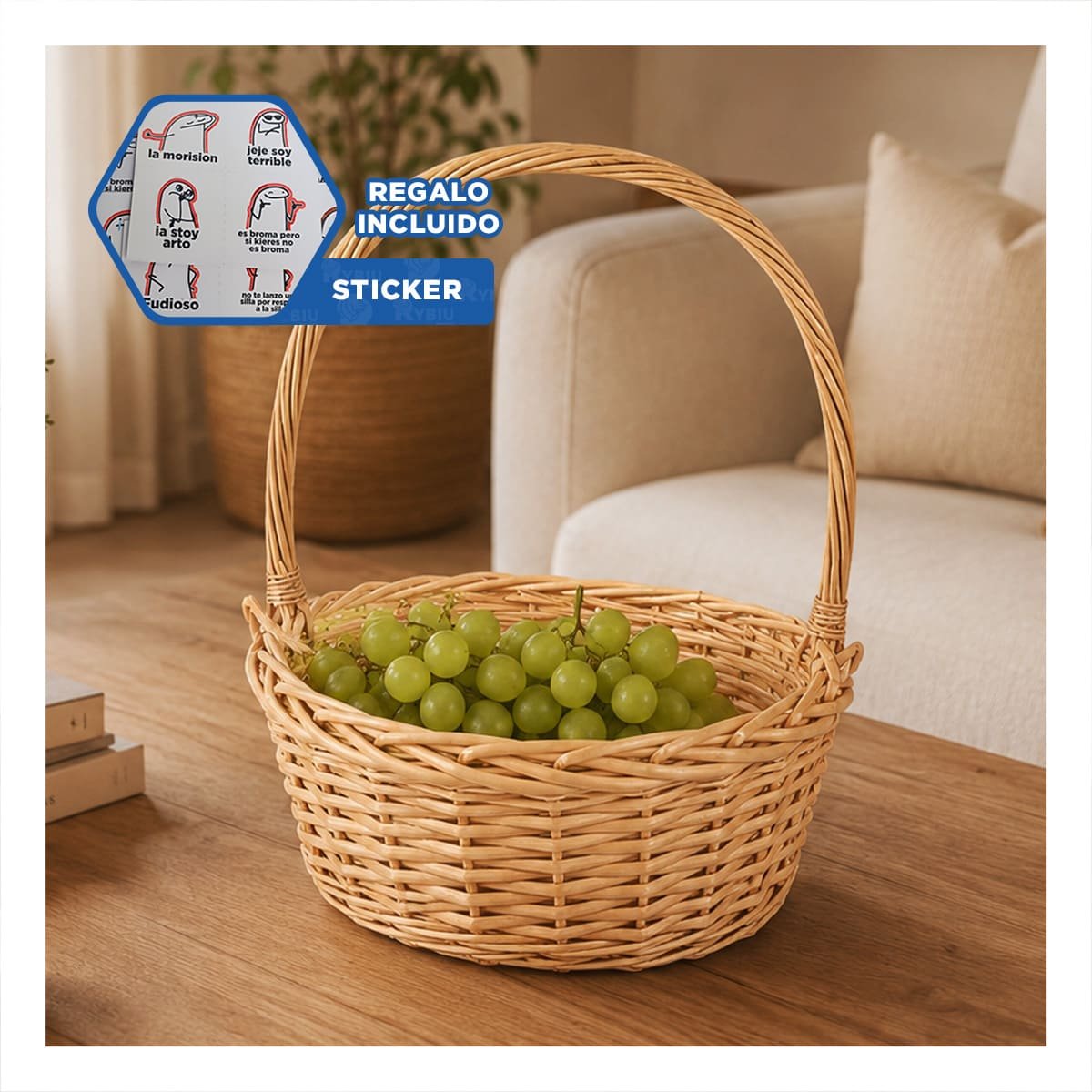 BAUL CIRCULAR DE MIMBRE PARA SALA COLOR MOSTAZA CLARO 31X35 CM Y REGALO STICKER - 1