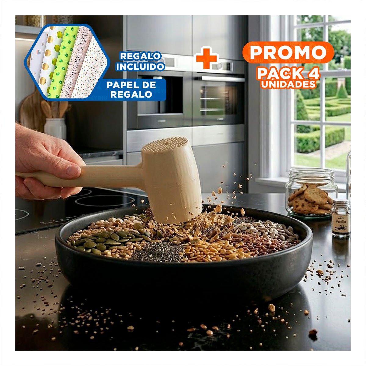 PACK4 MAZO DE USO CULINARIO PARA CARNE COLOR CREMA EN COCINA FAMILIAR YPAPEL REGALO - 1