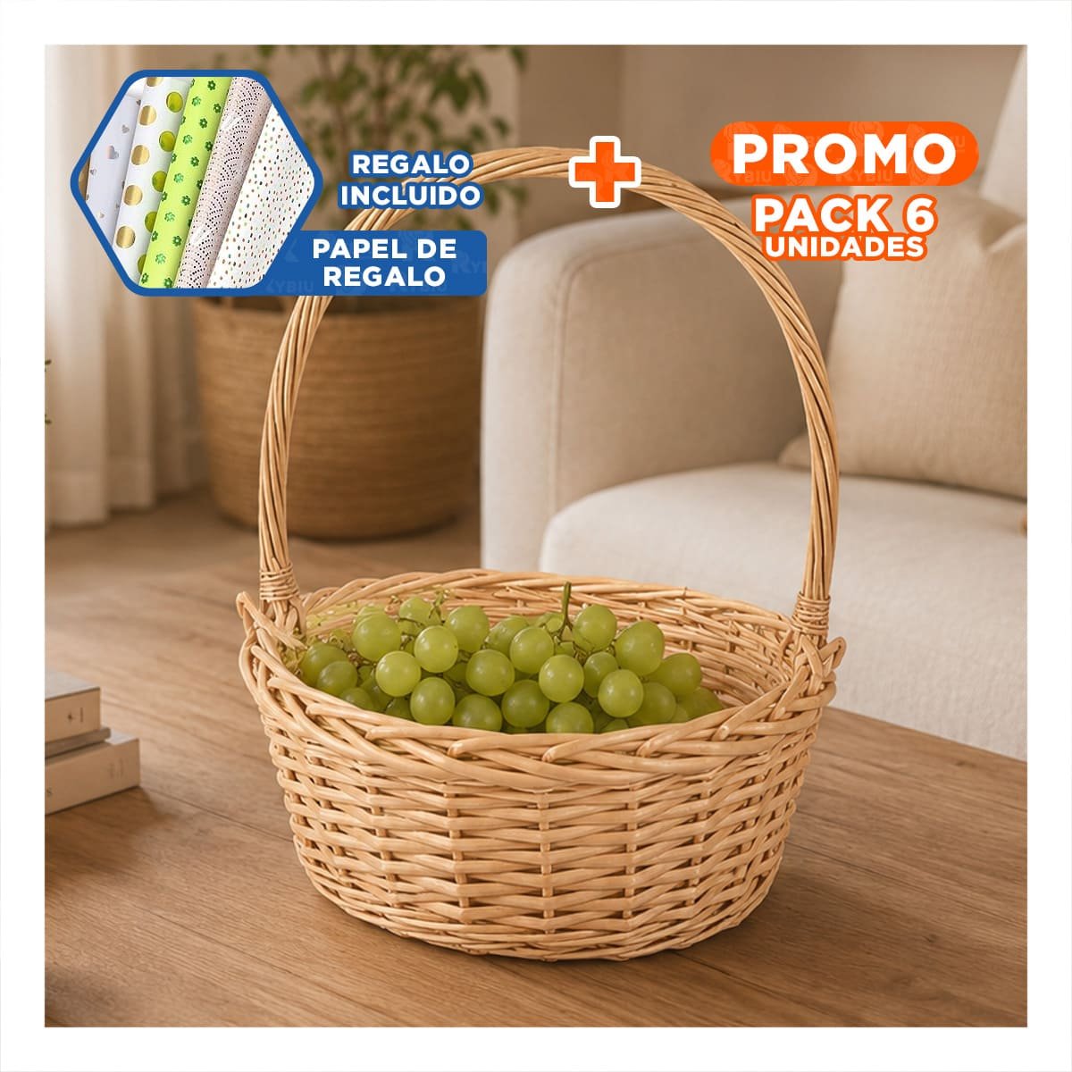 PACK6 CESTA CIRCULAR DE MIMBRE PARA USO DIARIO COLOR MOSTAZA CLARO 31X35 CM YPAPEL REGALO - 1