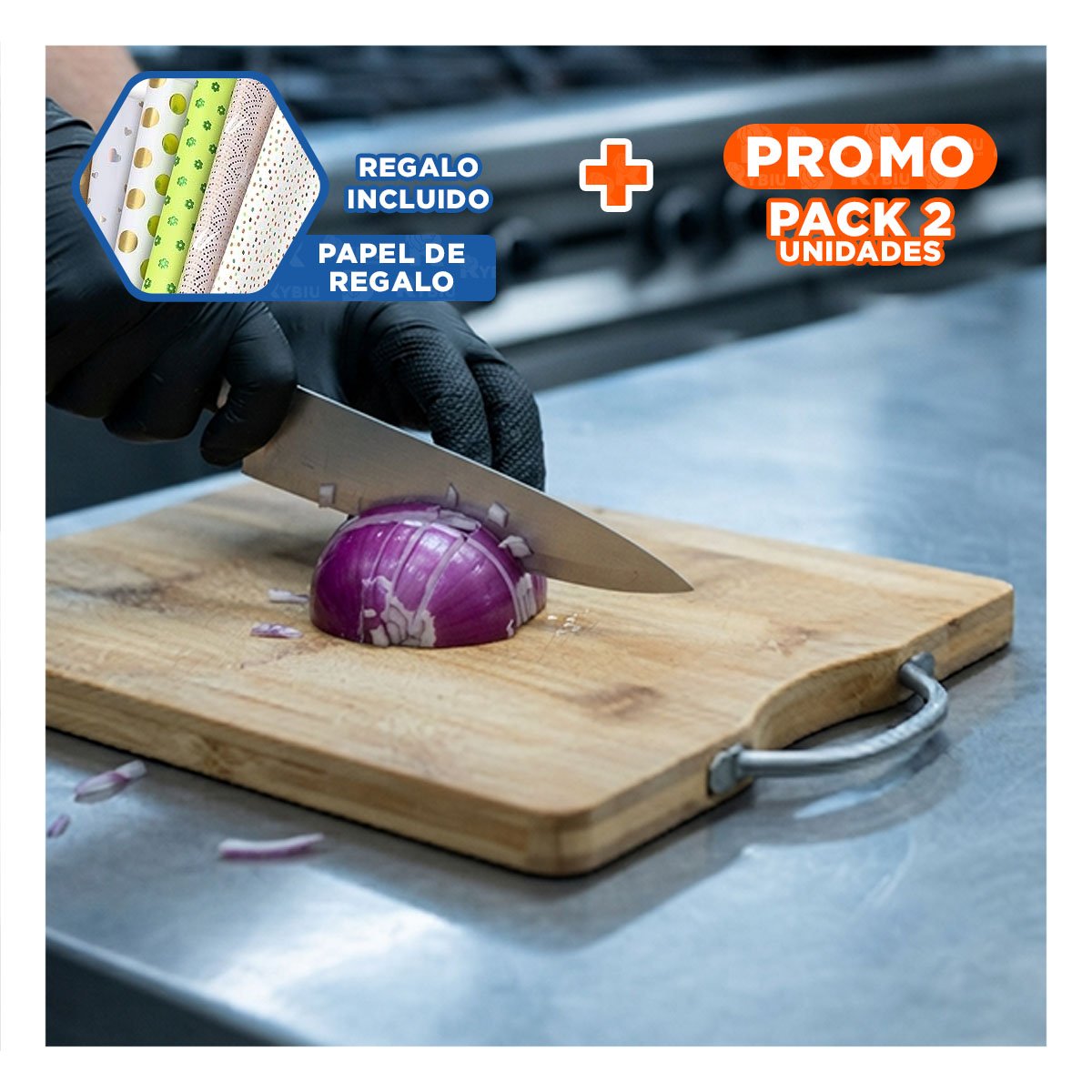 PACK2 BASE DE COCINA MOSTAZA BAMBU CON MANGO PRACTICO 34X24X1,8CM YPAPEL REGALO - 1