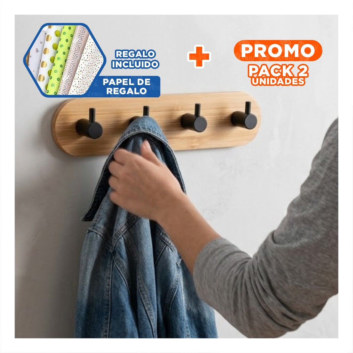 PACK2 GANCHO DE BAMBU NEGRO PARA ORGANIZAR CON 4 GANCHOS ADHESIVO DE PARED 19X5CM YPAPEL REGALO - 1