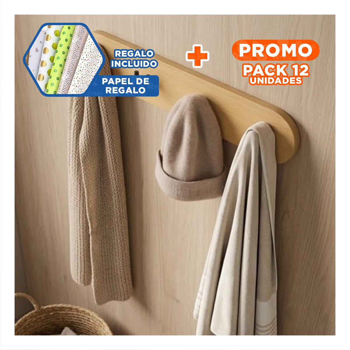 PACK12 GANCHO ADHESIVO PARA HOGAR BAMBU NEGRO CON 4 GANCHOS DE PARED 19X5CM YPAPEL REGALO - 1