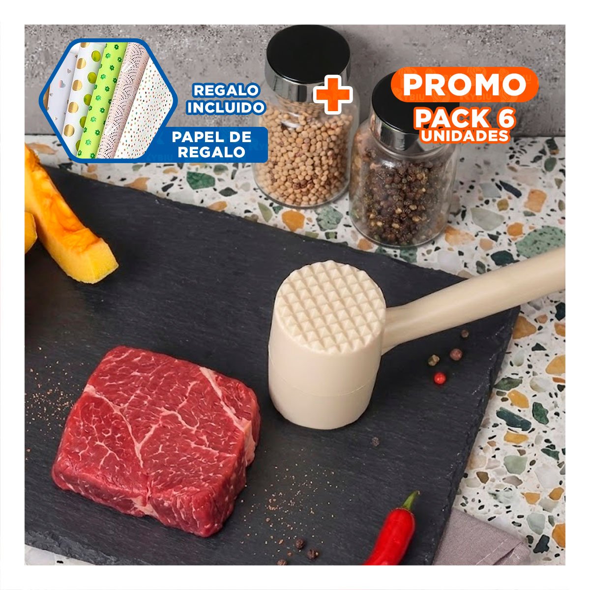 PACK6 MARTILLO PARA COCINA DIARIA COLOR CREMA EN PREPARACION DE CARNES YPAPEL REGALO - 1
