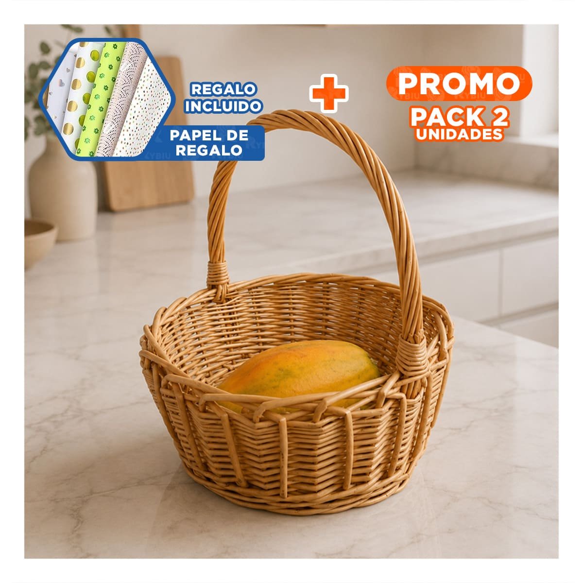 PACK2 BAUL DE MIMBRE PARA GUARDAR OBJETOS COLOR MOSTAZA CLARO 31X35 CM YPAPEL REGALO - 1