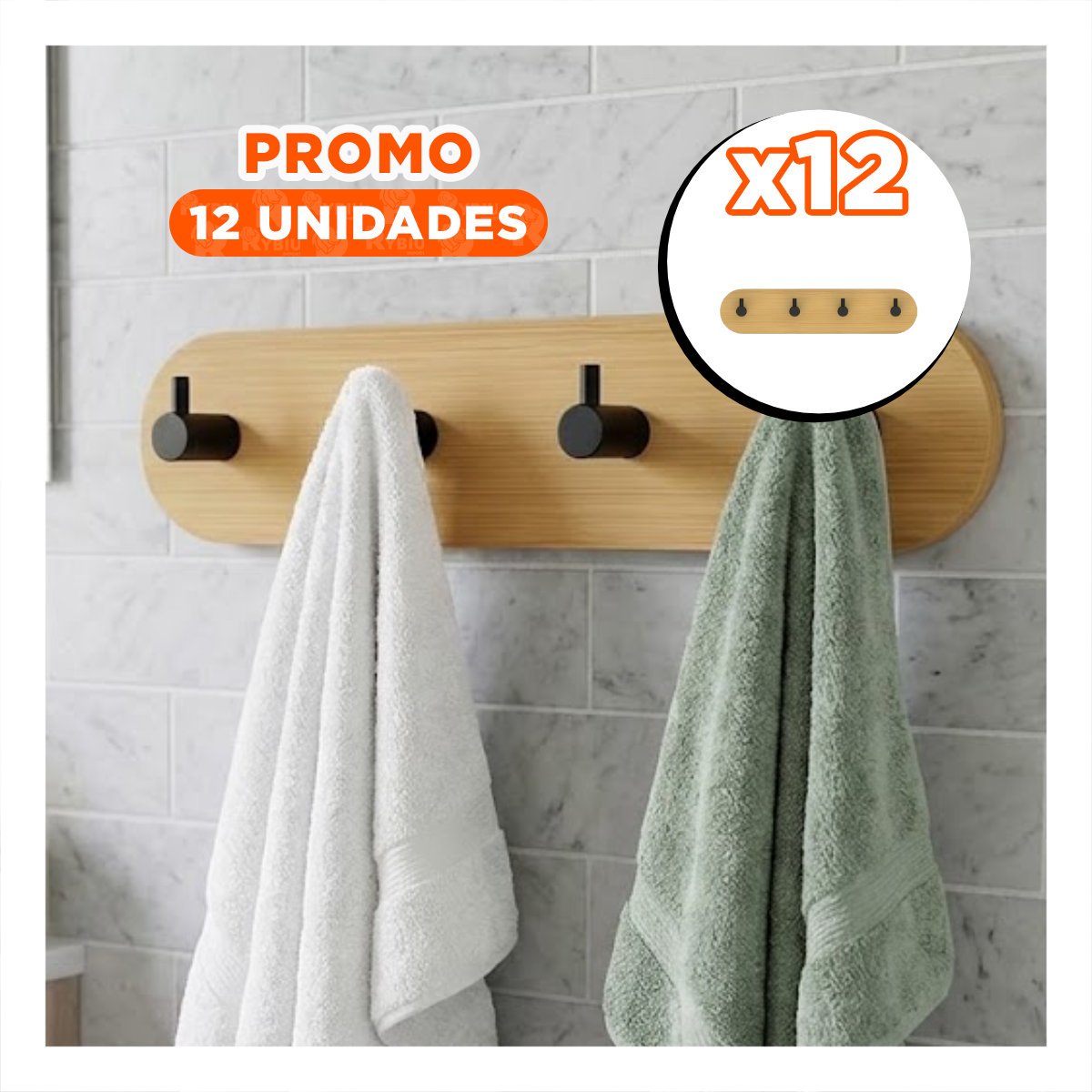 PACK12 COLGADOR DE BAMBU NEGRO ADHESIVO 19X5CM PARA PARED CON 4 GANCHOS MODERNO - 1