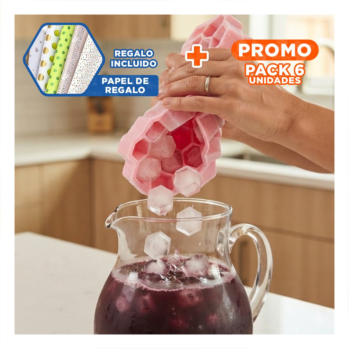 PACK6 MOLDE HIELERO CON TAPA SEGURA COLOR ROSADO Y DISENO PANAL 20.5X12 CM YPAPEL REGALO - 1