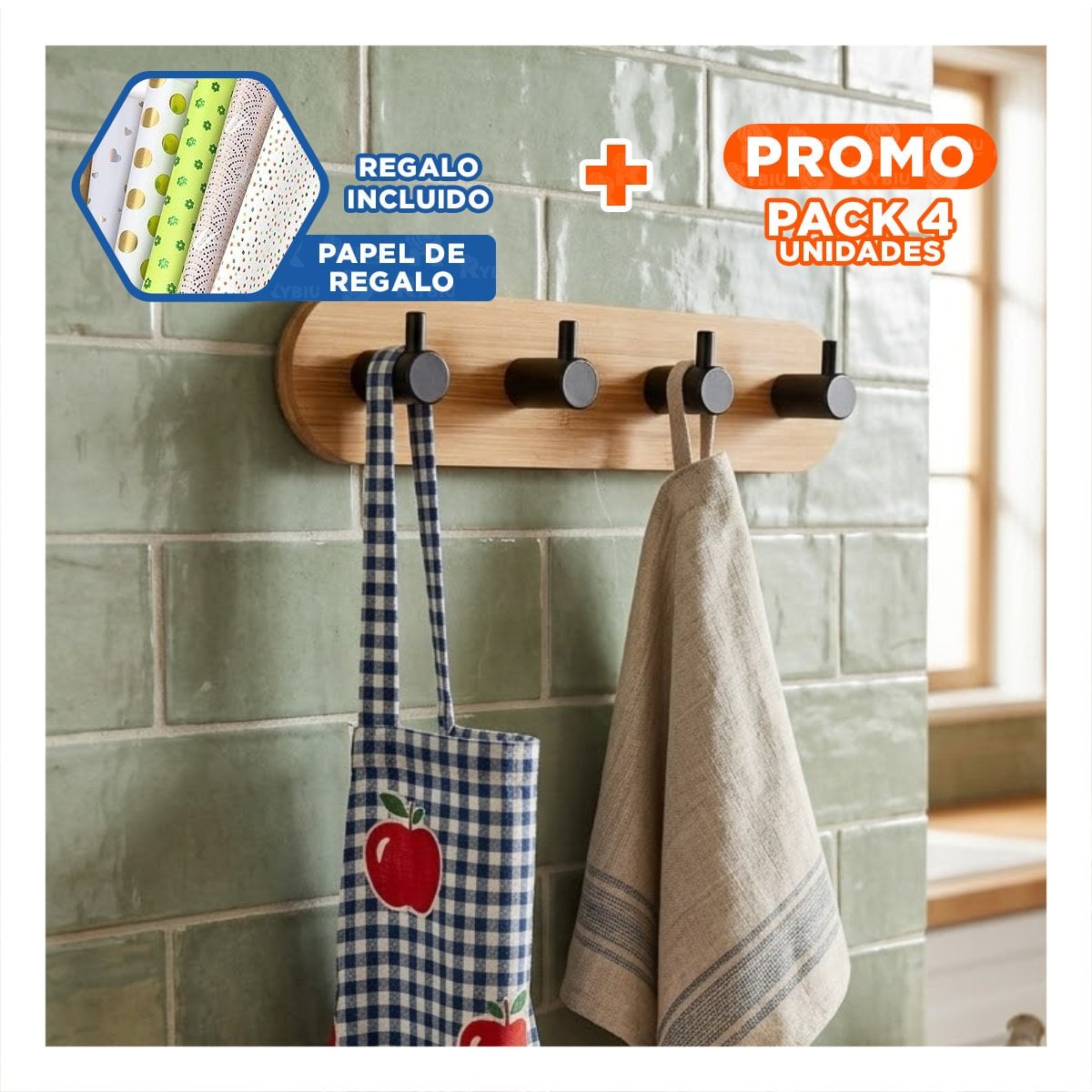 PACK4 GANCHO MODERNO BAMBU NEGRO ADHESIVO PARA PARED CON 4 GANCHOS 19X5CM YPAPEL REGALO - 1