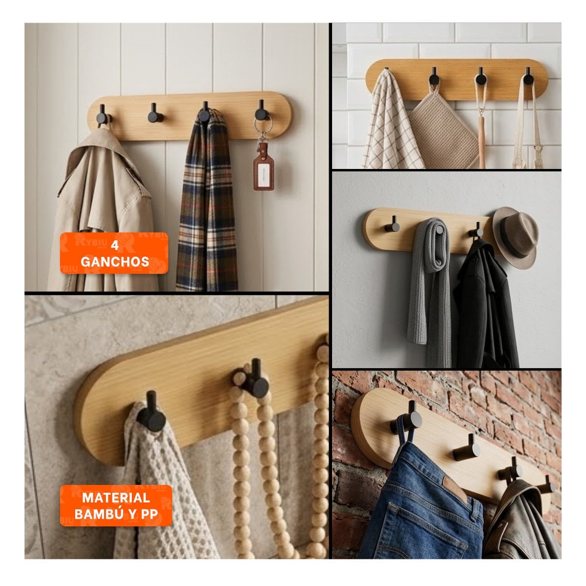 PERCHERO DE BAMBU NEGRO PARA PARED 19X5CM CON 4 GANCHOS ADHESIVO MULTIUSO Y STICKY - 1