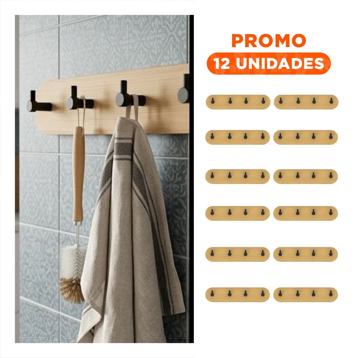 PACK12 SUJETADOR DE PARED BAMBU NEGRO CON ADHESIVO 19X5CM Y 4 GANCHOS MULTIUSO YREGALO STICKER - 1