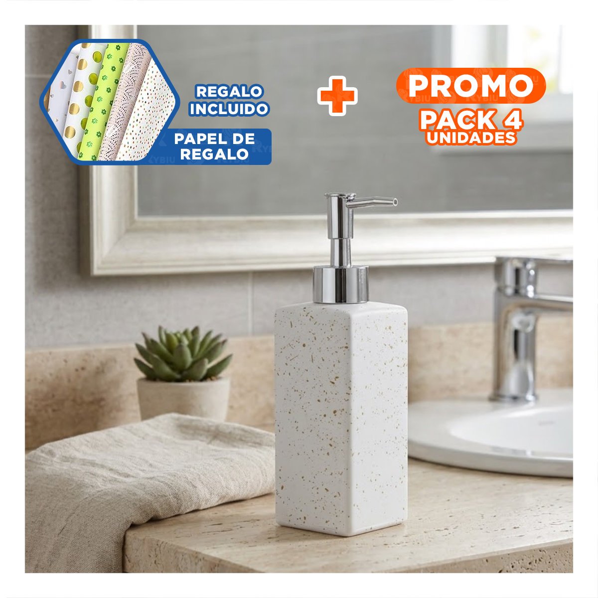 PACK4 DOSIFICADOR PARA LOCION DE MANOS RECTANGULAR CON PUNTOS DORADOS 20,5X5,8 CM YPAPEL REGALO - 1