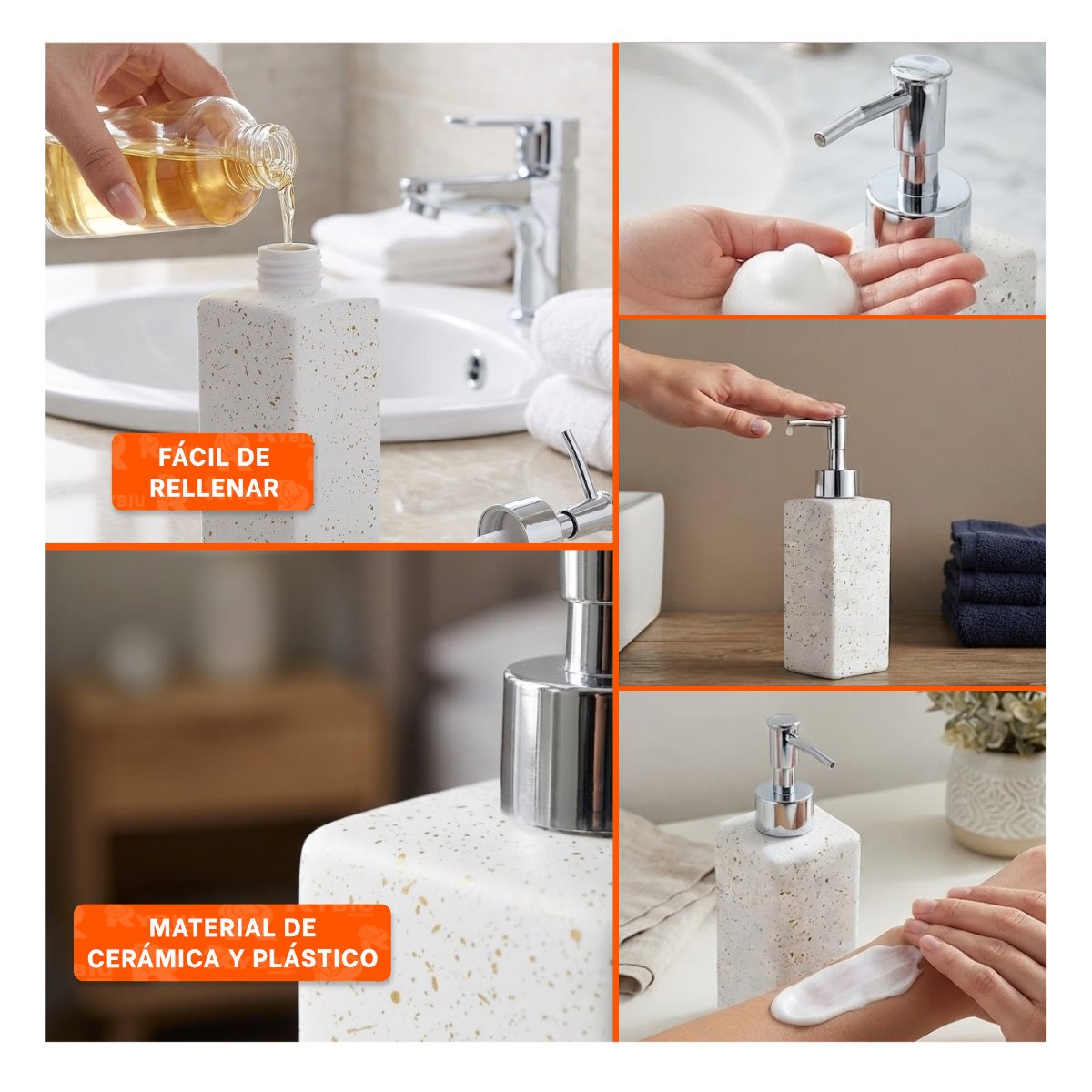 DISPENSADOR DE JABON PARA LAVAMANOS COLOR BLANCO CON DETALLES DORADOS 20,5X5,8 CM Y POST IT - 1