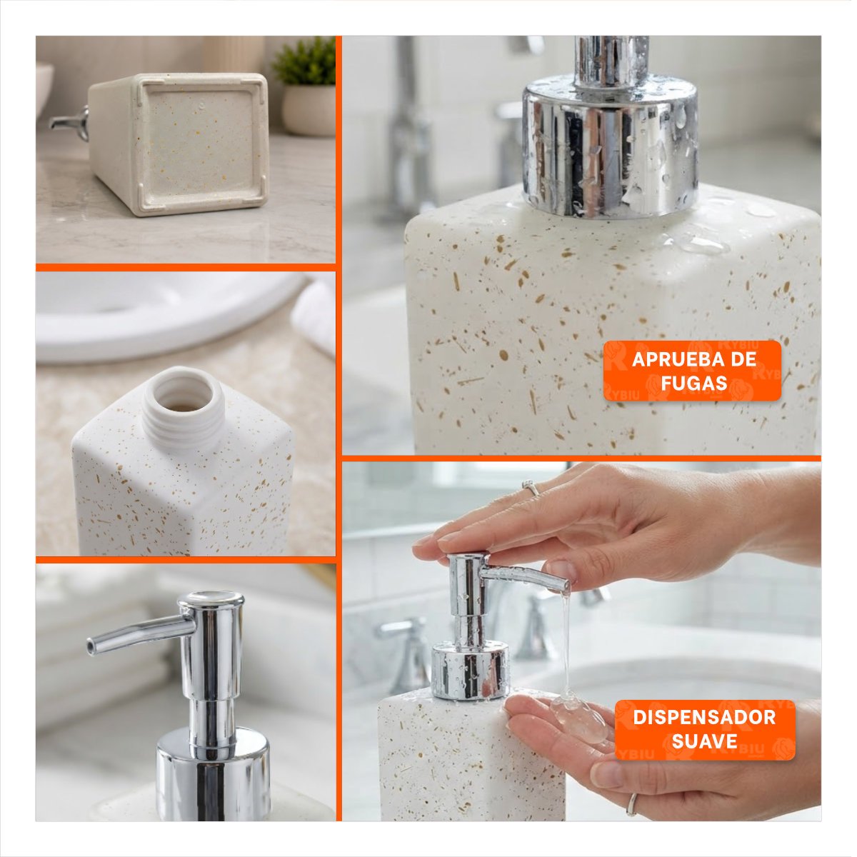 DISPENSADOR DE JABON PARA LAVAMANOS COLOR BLANCO CON DETALLES DORADOS 20,5X5,8 CM Y POST IT - 5