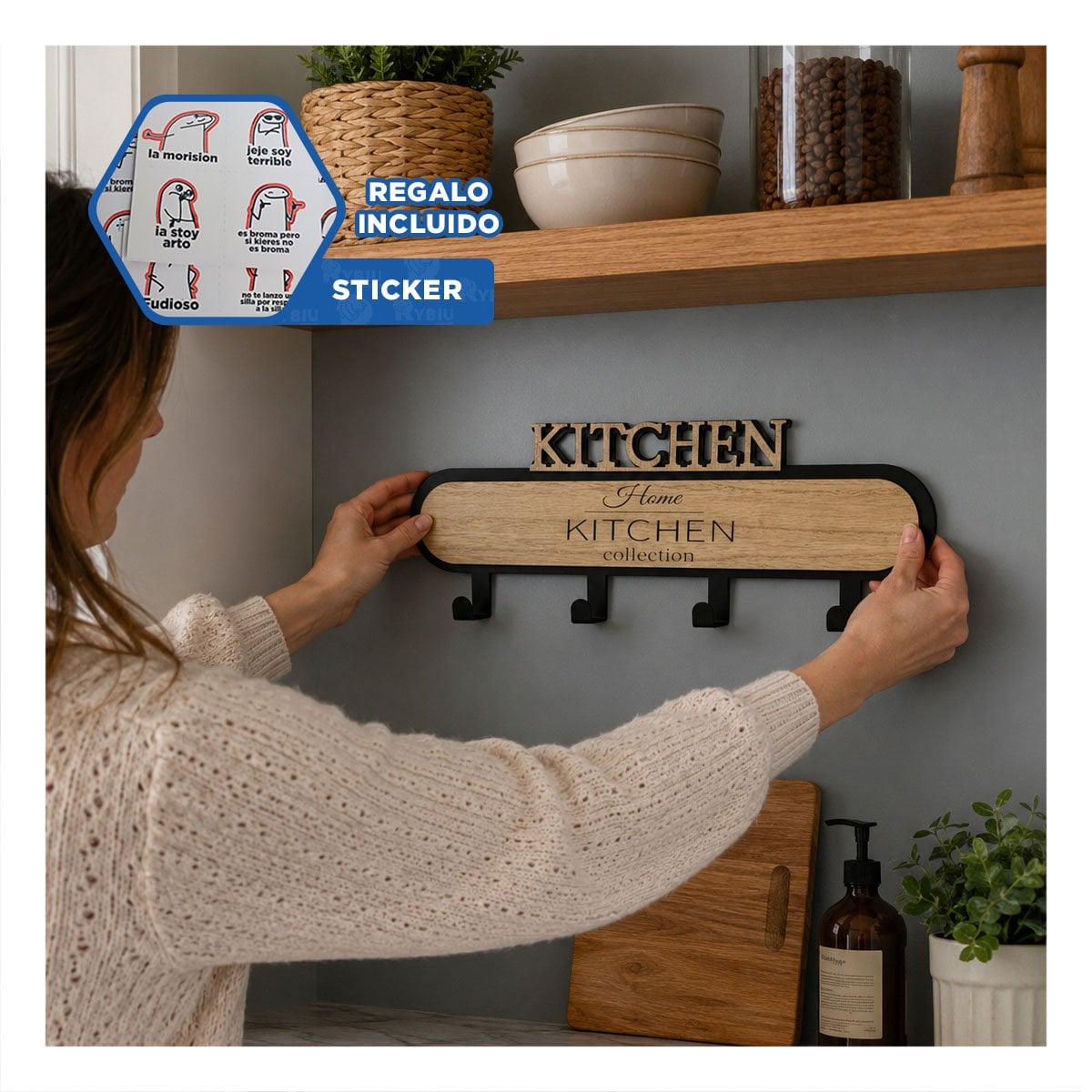 GANCHO KITCHEN NEGRO Y BEIGE 39X13,5CM CON 4 GANCHOS PARA COCINA Y REGALO STICKER - 1