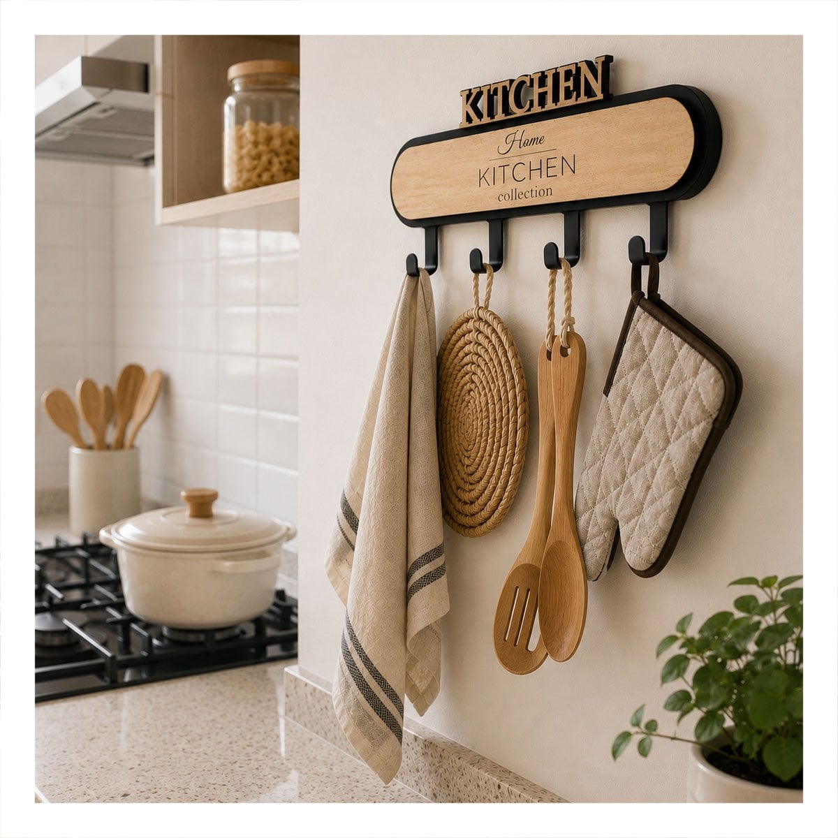 GANCHO KITCHEN NEGRO Y BEIGE 39X13,5CM CON 4 GANCHOS PARA COCINA Y REGALO STICKER - 2