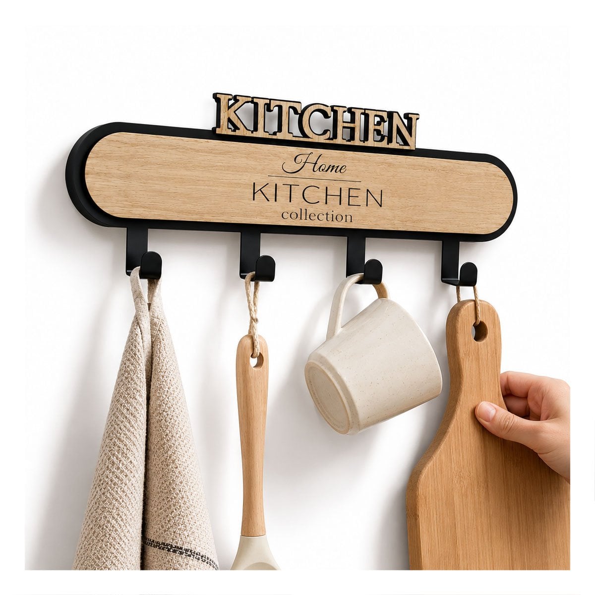 GANCHO KITCHEN NEGRO Y BEIGE 39X13,5CM CON 4 GANCHOS PARA COCINA Y REGALO STICKER - 3