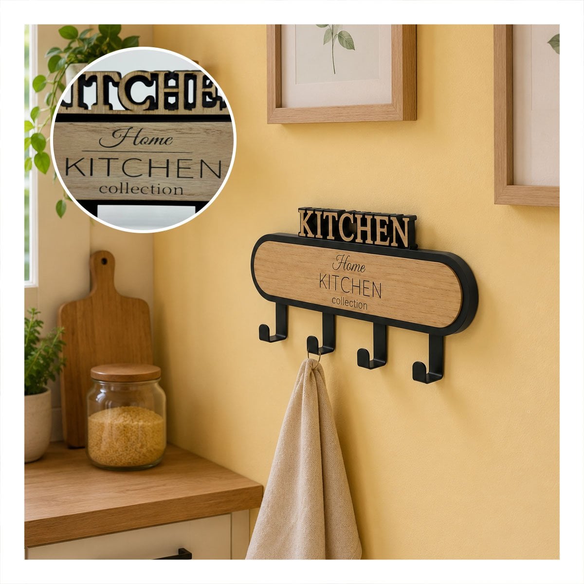 GANCHO KITCHEN NEGRO Y BEIGE 39X13,5CM CON 4 GANCHOS PARA COCINA Y REGALO STICKER - 5