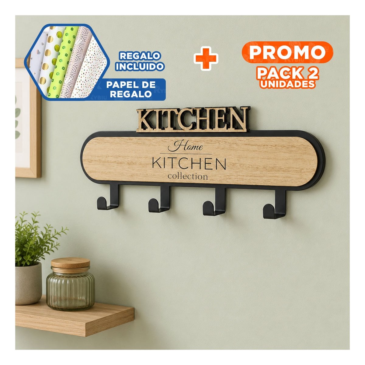 PACK2 GANCHO 39X13,5CM CON 4 GANCHOS KITCHEN NEGRO Y BEIGE PARA LLAVES YPAPEL REGALO - 1