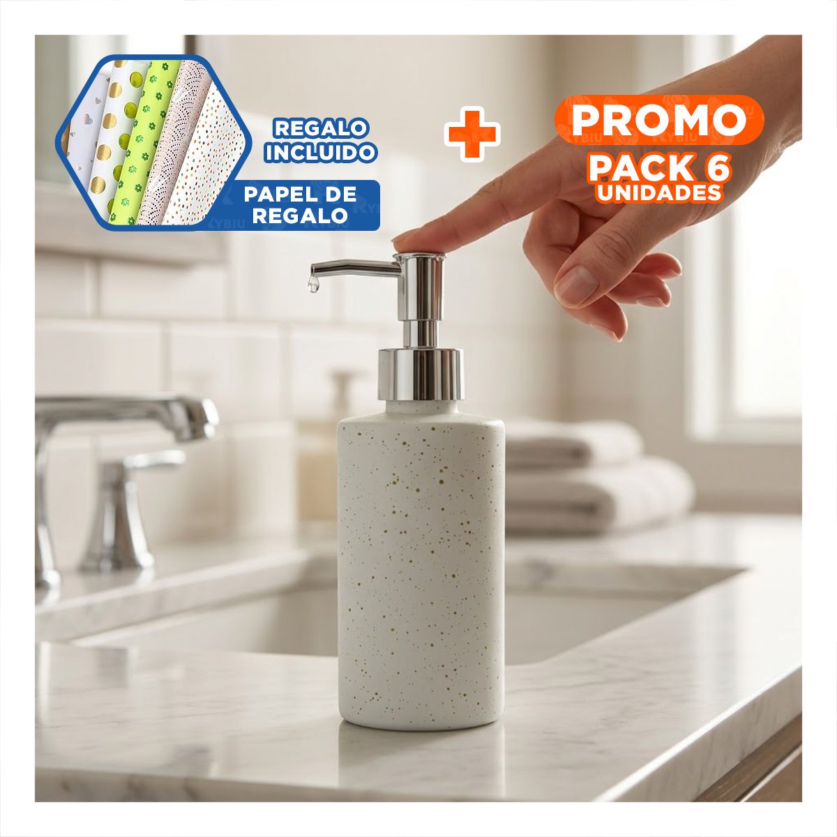 PACK6 DOSIFICADOR PARA USO DIARIO COLOR BLANCO CON DETALLES DORADOS 20X6,8CM YPAPEL REGALO - 1