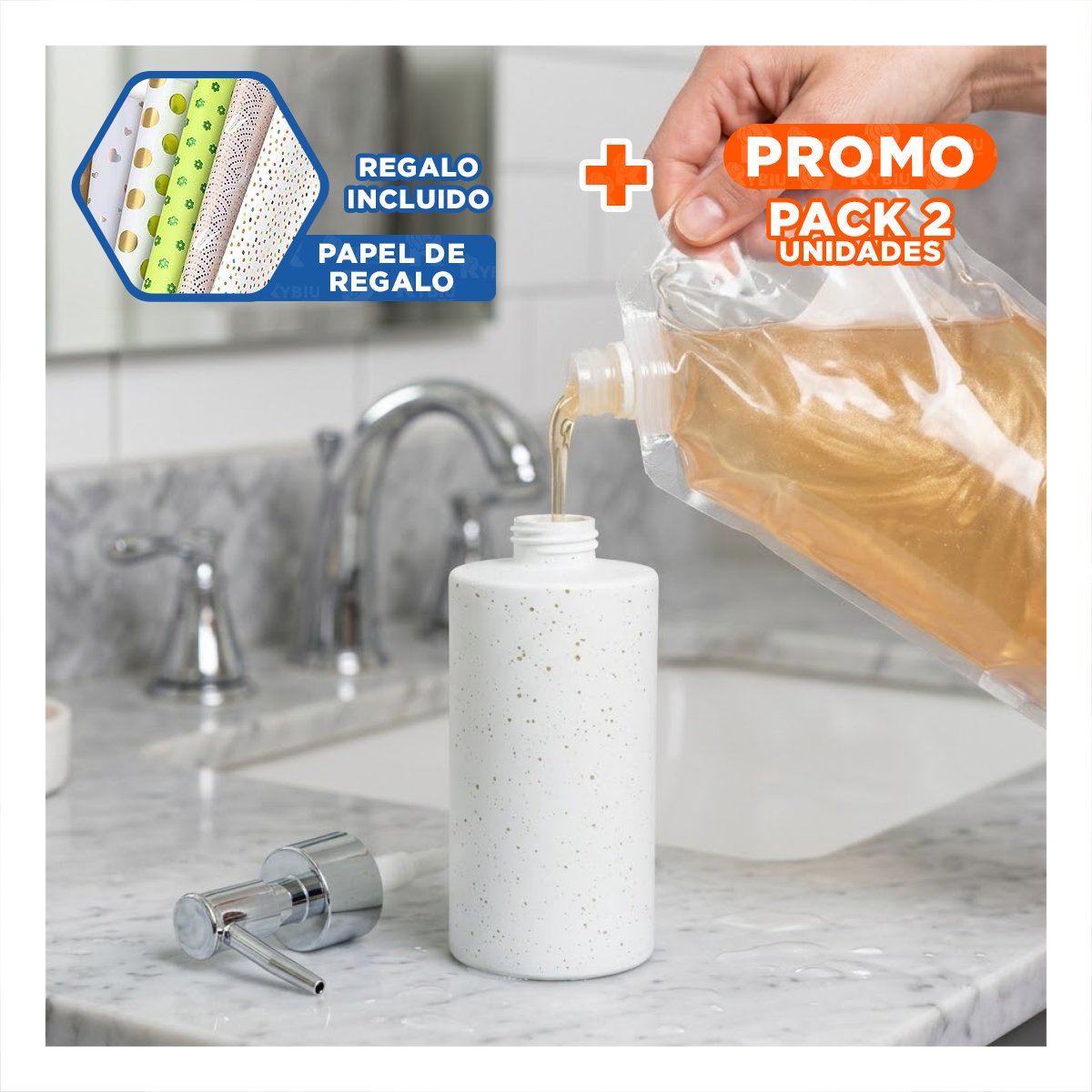 PACK2 DOSIFICADOR PARA GEL ANTIBACTERIAL CILINDRO COLOR BLANCO 20X6,8CM YPAPEL REGALO - 1