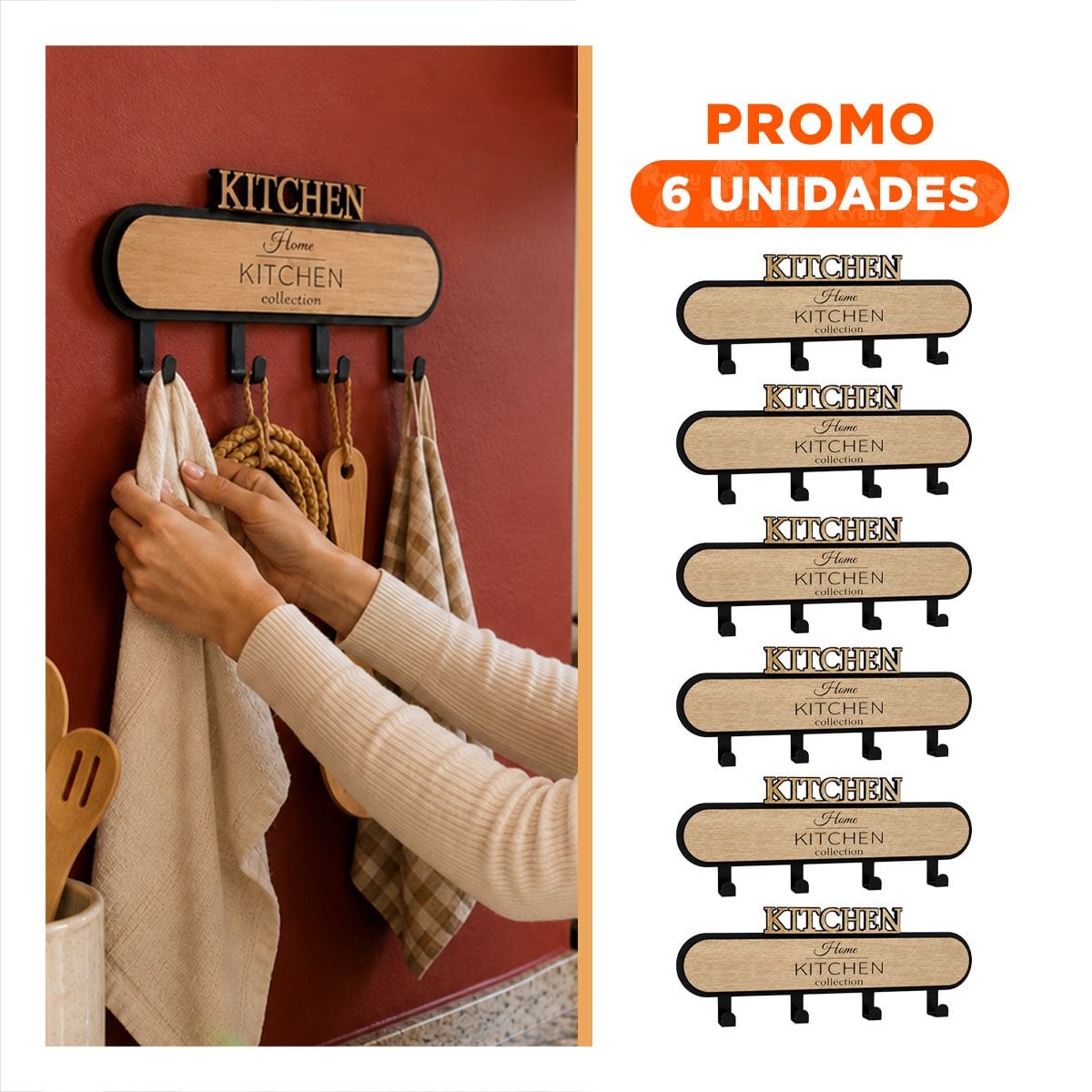PACK6 PERCHERO KITCHEN NEGRO Y BEIGE 39X13,5CM CON 4 GANCHOS PARA PARED MODERNO - 1